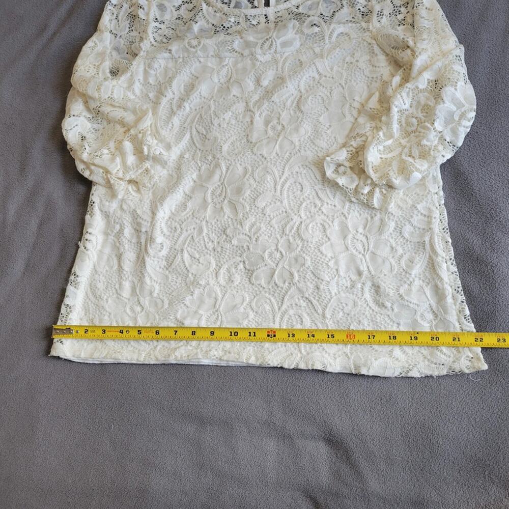 OLIVIA BLU Floral Lace Blouse Womens Large Cream 3/4 Sleeve Scrunched Lining - Picture 7 of 13
